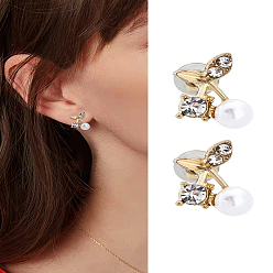 Golden 1 Pair Zinc Alloy Rhinestone Stud Earrings, with Plastic Pearl Beads, Cherry, Golden, 10x8mm
