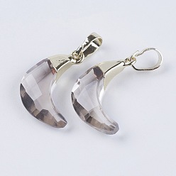 Smoky Quartz Faceted Natural Smoky Quartz Pendant, with Golden Plated Brass Findings, Moon, 18~19x11~12x4.5~5.5mm, Hole: 3.5x6mm