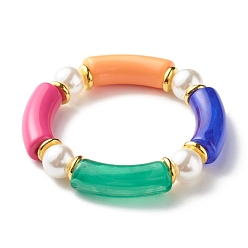 Colorful Chunky Acrylic Curved Tube Beads Stretch Bracelet for Teen Girl Women, Plastic Pearl Beads & Brass Beads Bracelet, Golden, Colorful, Inner Diameter: 2 inch(5.1cm)