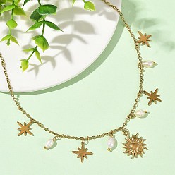 Oro 304 Collares con colgante de estrella solar de acero inoxidable y perlas naturales para mujer, blanco, dorado, 201 pulgada (16.14 cm)