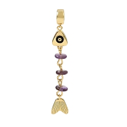 Amethyst Brass Pave Cubic Zirconia Clear Cubic Zirconia & Natural Amethyst & Enamel European Dangle Charms, Large Hole Charms, Fish, Rack Plating, Long-Lasting Plated, Cadmium Free & Lead Free, Real 18K Gold Plated, 54.5mm, Hole: 5.5mm