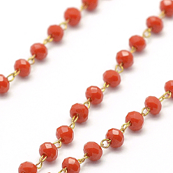 Красный Ручной цепи стекло бисером, пайки, с катушкой, с необработанной (без покрытия) латунной фурнитурой, без никеля , граненые, рондель, красные, 2.5~3 мм, около 32.8 футов (10 м) / рулон