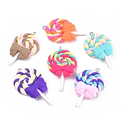 Mixed Color Handmade Polymer Clay Pendants, Lollipop with Bowknot, Mixed Color, 45x29x9mm, Hole: 2mm