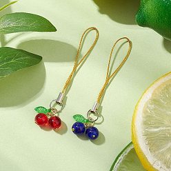 Mixed Color Cherry Glass & Acrylic Mobile Straps, Mobile Accessories, Mixed Color, 75.5mm, 2pcs/set