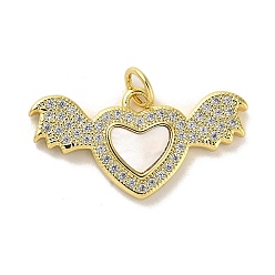 Heart Brass Micro Pave Clear Cubic Zirconia Pendants, Cadmium Free & Lead Free, with Shell, Real 18K Gold Plated, Heart, 13x24.5x3mm, Hole: 3.5mm