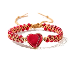 Красный Браслеты из плетеных бусин из окрашенной натуральной императорской яшмы, регулируемые браслеты в форме сердца, красные, внутренний диаметр: 2-3/8 дюйм (6 см)
