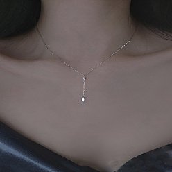 Платина 925 Женские ожерелья из стерлингового серебра с прозрачными кубическими цирконами в форме капли и прямоугольной кисточкой, родий, платина, 15.75 дюйм (40 см)