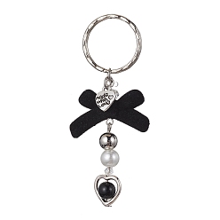 Platinum Bowknot Flocky Acrylic Keychains, with Alloy Heart and Iron Split Ring, Platinum, 8cm