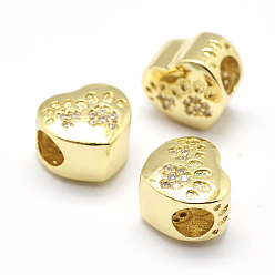 Real 18K Gold Plated Brass Micro Pave Grade AAA Cubic Zirconia European Beads, Large Hole Beads, Heart, Lead Free & Nickel Free & Cadmium Free, Real 18K Gold Plated, 10x11x7.5mm, Hole: 4mm
