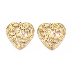 Настоящее золото 18K 304 подвески в форме полого цветочного сердца из нержавеющей стали, ионное покрытие (ip), реальный 18 k позолоченный, 36.5x36.5x3 мм, отверстие : 1.8 мм