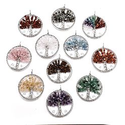 Смешанные камни Бусины из натуральных драгоценных камней большие подвески, с платиновой и латунной фурнитурой, плоские круглые с дерева жизни, 118~120x100x10~15 мм, отверстие : 7 мм
