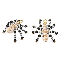 (404) Непрозрачное AB Кислое яблоко Подвески из окрашенной синтетической бирюзы и стеклянных бусин на тему Хэллоуина, подвески в виде черепа-паука, цветочный белый, 32x32x18 мм, отверстие : 3x2.5 мм