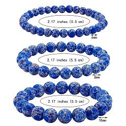 Marine Blue 3Pcs 3 Size Synthetic Imperial Jasper Round Beaded Stretch Bracelets Set, Gemstone Jewelry for Women, Marine Blue, Inner Diameter: 2-1/8 inch(5.5cm), Beads: 6~10mm, 1Pc/size