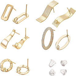 Real 18K Gold Plated 20Pcs 5 Style Brass Stud Earring Findings, with Loop, with 40Pcs Plastic Ear Nuts, Oval & Ring & Rectangle & Trapezoid, Real 18K Gold Plated, 12.5~28x7~13.5mm, Hole: 2~2.5mm, Pin: 0.7~0.8mm, 4pcs/style