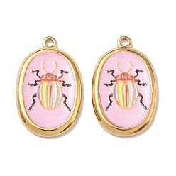 Pink 304 нержавеющей стальной эмали подвески, овал с подвесками в виде насекомых, ионное покрытие (ip), реальный 18 k позолоченный, розовые, 28.5x18x3 мм, отверстие : 2 мм