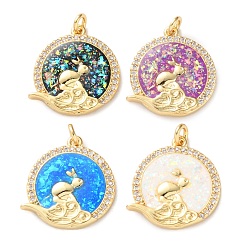 (52) Непрозрачная лаванда Латунные микропаве прозрачные подвески с фианитом, без кадмия и без свинца, с синтетическим опалом, реальный 18 k позолоченный, сплющенный с кроликом, с целью перехода в кольце, разноцветные, 18x16.5x2 мм, отверстие : 2 мм