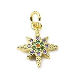 Настоящее золото 18K Латунные микро-паве красочные кубические циркониевые подвески, без кадмия, без никеля и без свинца, с целью перехода в кольце, звезды прелести, реальный 18 k позолоченный, 14.5x12x2.5 мм, отверстие : 3 мм