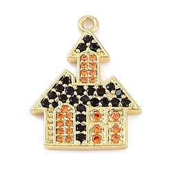 Настоящее золото 18K Стойки обшивки латунь кубического циркония подвески, без свинца и без кадмия, долгоиграющий, дом с привидениями, очарование дома, реальный 18 k позолоченный, 20x15x1.6 мм, отверстие : 1.2 мм