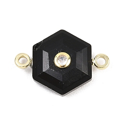 Обсидиан Граненые резные звенья из натурального обсидиана, шестиугольник с латунной микропаве, прозрачными кубическими циркониями и латунной фурнитурой., золотые, стойки покрытие, 17x27x8 мм, отверстие : 2 мм