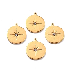 Crystal Ion Plating(IP) 304 Stainless Steel Grade A Rhinestone Pendant, Real 24K Gold Plated, Flat Round with Sun, Crystal, 18x15.5x1.5mm, Hole: 1mm