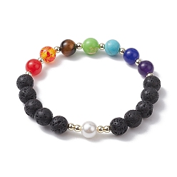 Mixed Stone Chakra Theme Natural & Synthetic Mixed Gemstone Stretch Bracelet, with Shell Pearl Beads, Inner Diameter: 2-1/2 inch(6.3cm)
