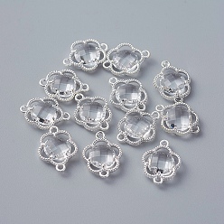Прозрачный Соединители стеклянные ссылки, с фурнитурой Berzel с открытой спиной из экологически чистого сплава, граненые, цветок, серебряный цвет гальваническим, прозрачные, 15.5x12x3 мм, отверстие : 1.4 мм