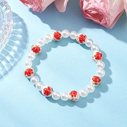 Красный АБС-пластик имитация жемчуга круглые бусины эластичные браслеты для женщин, с фарфоровыми керамическими бусинами ручной работы с цветочным принтом, красные, внутренний диаметр: 2 дюйм (5.15 см)