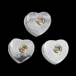 Cristal de cuarzo Cuentas europeas de cristal de cuarzo natural., Cuentas de agujero grande con forma de corazón de cristal de roca, con detalles de latón dorado micro pavé de circonita cúbica transparente, 12.5~13x13~14x12~13 mm, agujero: 5.5 mm