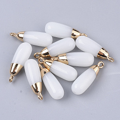 White Glass Pendants, with Top Golden Plated Iron Loops, Half Drilled Hole, Teardrop, White, 24x7.5mm, Hole: 1.4mm