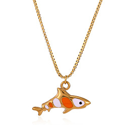 Orange Red Ocean 304 Stainless Steel Enamel Pendant Necklaces, Fish, Golden, Orange Red, 15.75 inch(40cm), pendant: 14x26mm