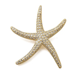 Настоящее золото 18K Латунные микро проложить кубического циркония подвески, морская звезда, без кадмия и без свинца, стойки покрытие, долговечный, реальный 18 k позолоченный, 42.5x38.5x4~9.5 мм, отверстие : 4x5 мм