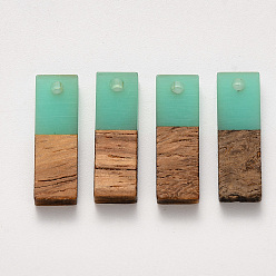 Turquoise Transparent Resin & Walnut Wood Pendants, Waxed, Rectangle, Turquoise, 20x6.5x3~4mm, Hole: 1.8mm