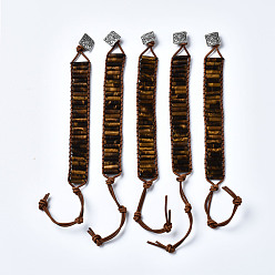 Тигровый глаз Коровьей кожаные браслеты шнура, с бусинами-колоннами из натурального тигрового глаза и фурнитурой из сплава, 9~11 дюйм (23~28 см)