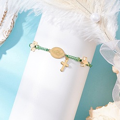 Зеленый Регулируемые браслеты из нейлонового шнура с плетеными бусинами, 304 Браслеты из нержавеющей стали с подвесками в виде Девы Марии и креста для женщин, со стеклянными бисеринами, зелёные, внутренний диаметр: 2-3/8~3-3/8 дюйм (6~8.5 см)