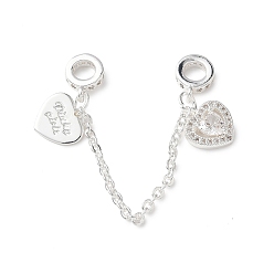 Посеребрённый Латунный микропаве прозрачный кубический цирконий кабельная цепочка европейские бусины, без кадмия, без никеля и без свинца, 925 серебро покрытием, 80 мм, отверстие : 4.5 мм, 10x11x1 mm и 11x10x4 mm