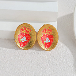 Oval 304 Stainless Steel Enamel Stud Earrings, Sacred Heart Pattern, Real 18K Gold Plated, Oval, 29x29mm