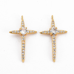 Real 18K Gold Plated Brass Clear Cubic Zirconia Pendants, Nickel Free, Cross, Real 18K Gold Plated, 23x13x4mm, Hole: 1mm