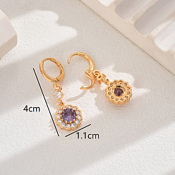 Фиолетовый Винтажные латунные серьги-кольца с цветком из кубического циркония, золотые, фиолетовые, 40x11 мм