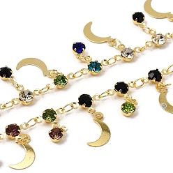 Настоящее золото 18K Латунный плоский круглый с цепочками лунных звеньев, со стеклом, стойки покрытие, долговечный, без свинца и без кадмия, пайки, с катушкой, реальный 18 k позолоченный, 9.5x6.5x3 мм, Луна: 10x5.5x0.3 мм