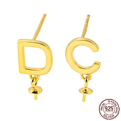 Real 18K Gold Plated 925 Sterling Silver Stud Earring Findings, Initial Letter D & C Asymmetrical Earrings Findings for Half Drilled Beads, with S925 Stamp, Real 18K Gold Plated, 14.5~15x7mm, Pin: 10.5x0.7mm and 0.7mm