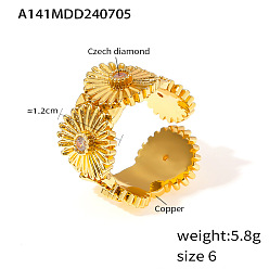 Цветок 304 кольца манжеты из прозрачного кубического циркония из нержавеющей стали с микропаве, золотые, цветок, размер США 6 (16.5 мм)