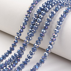 Steel Blue Electroplate Glass Beads Strands, Opaque Solid Color, AB Color Plated, Faceted, Rondelle, Steel Blue, 2.9~3.3x2mm, Hole: 0.8mm, about 145~150pcs/strand, 34~35cm