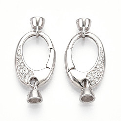 Платина 925 застежки-пружинки из стерлингового серебра с микропаве из прозрачных кубических цирконий, овал с печатью s925, платина, 34x13x5 мм, отверстие : 3.5 мм, подвеска: 6.5x5x5 мм