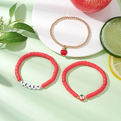 Красный 3 шт. 3 стили браслет из полимерной глины с бусинами на день учителя и браслет с подвесками в виде яблока из сплава и эмали для женщин, с корейской эластичной хрустальной нитью и акриловыми бусинами, красные, внутренний диаметр: 2-1/8~2-1/4 дюйм (5.5~5.6 см)