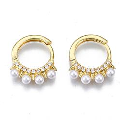 Real 16K Gold Plated Brass Micro Pave Cubic Zirconia Huggie Hoop Earrings, with ABS Plastic Imitation Pearl, Ring, Nickel Free, Real 16K Gold Plated, 14.5x17.5x3mm, Pin: 1mm
