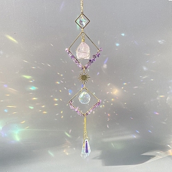 Аметист Проволочные самородки натуральный аметист и металлические ромбы подвесные украшения, Стеклянные ловцы солнца с кисточками для украшения сада на открытом воздухе, 450x50x10 мм