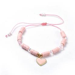 Rose Quartz Adjustable Nylon Thread Braided Beads Bracelets, with Natural Rose Quartz Beads, Faceted Glass Beads, Polymer Clay Heishi Beads and Alloy Enamel Charm, Heart, 1-3/8 inch~3 inch(3.5~7.6cm), 4mm