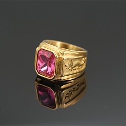 Темно-Розовый 304 Кольца для мужчин из нержавеющей стали с кубическим цирконием и узором в виде дракона, прямоугольные, темно-розовыми, размер США 7 (17.3 мм)