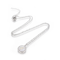 Letter F Brass Initial Pendant Necklaces, with Shell, Cubic Zirconia and 304 Stainless Steel Cable Chains, Flat Round with Letter, Letter.F, 17.5 inch(44.5cm), 1.5mm