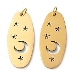 Настоящее золото 18K Ионное покрытие (ip) 304 подвески из нержавеющей стали, с целью перехода в кольце, лазерная резка, овал с подвеской в виде луны и звезды, реальный 18 k позолоченный, 25x11x1 мм, отверстие : 2.8 мм